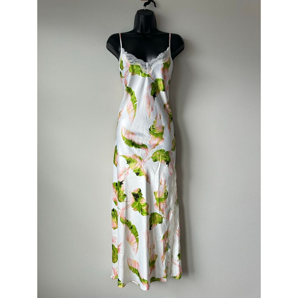 Floral Satin Slip Dress Lace Trim Midi Y2K Minimalist Bias Cut Spaghetti Strap M